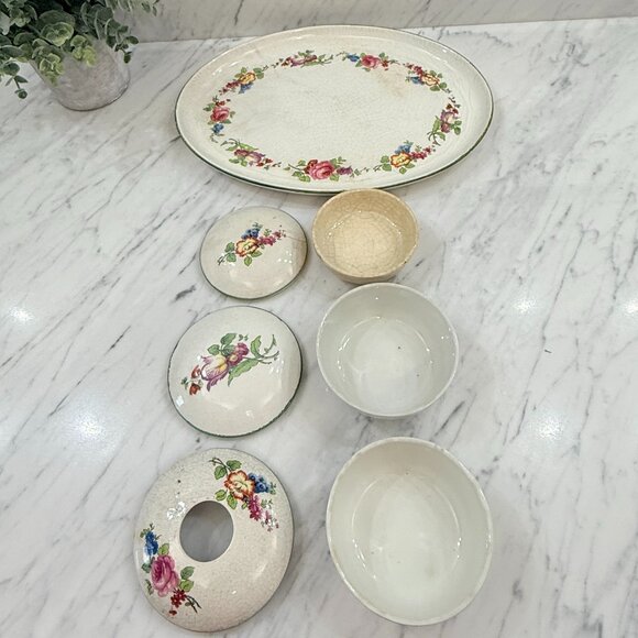 Antique English Earthenware Vanity Tray with Hair Receiver/Vanity bowl Set - Picture 4 of 17